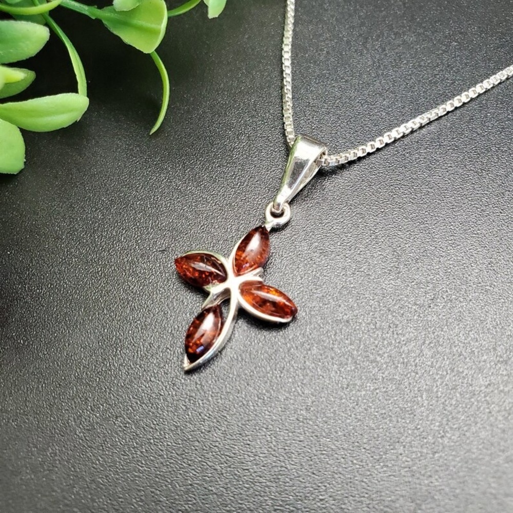 Baltic Cognac Amber Cross Necklace in 925 Sterling Silver - Picture 3 of 3